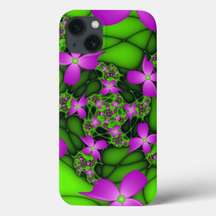 Modern Abstract Neon Pink Green Fractal Flowers iPhone 13 Case