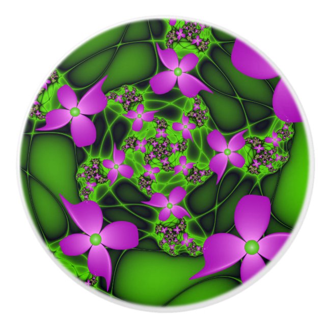 Modern Abstract Neon Pink Green Fractal Flowers Ceramic Knob (Front)