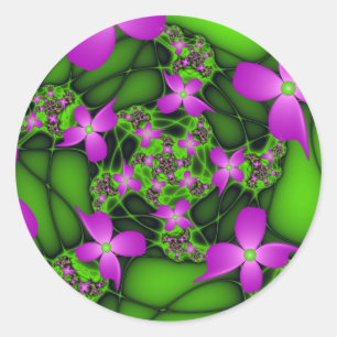 Modern Abstract Neon Pink Green Fractal Flowers Classic Round Sticker