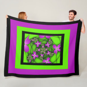 Modern Abstract Neon Pink Green Fractal Flowers Fleece Blanket