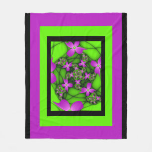 Modern Abstract Neon Pink Green Fractal Flowers Fleece Blanket
