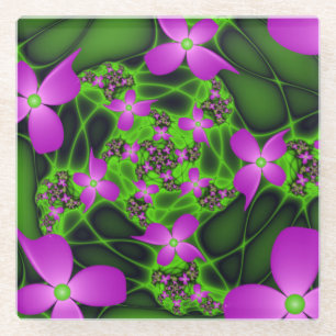 Modern Abstract Neon Pink Green Fractal Flowers Glass Coaster