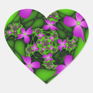Modern Abstract Neon Pink Green Fractal Flowers Heart Sticker