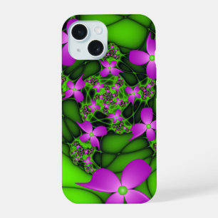 Modern Abstract Neon Pink Green Fractal Flowers iPhone 15 Case