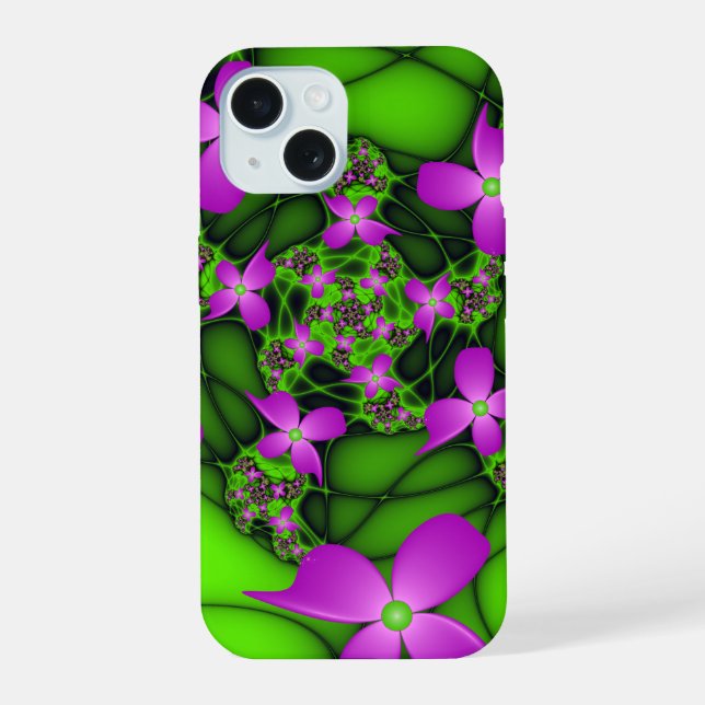 Modern Abstract Neon Pink Green Fractal Flowers iPhone 15 Case (Back)