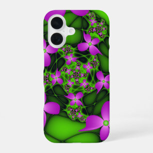 Modern Abstract Neon Pink Green Fractal Flowers iPhone 16 Case
