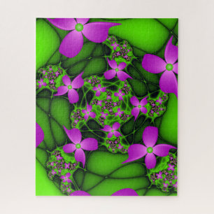 Modern Abstract Neon Pink Green Fractal Flowers Jigsaw Puzzle