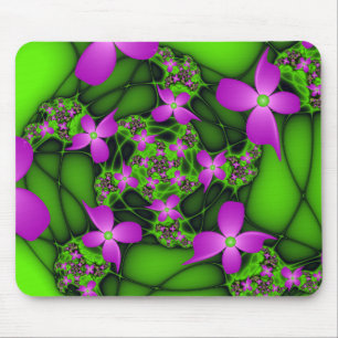 Modern Abstract Neon Pink Green Fractal Flowers Mouse Mat