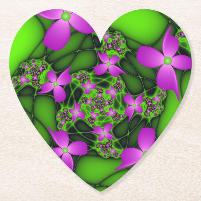 Modern Abstract Neon Pink Green Fractal Flowers Paper Coaster (Front)