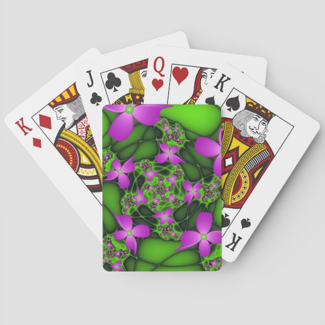Modern Abstract Neon Pink Green Fractal Flowers Playing Cards (Back)