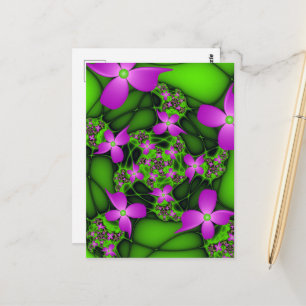 Modern Abstract Neon Pink Green Fractal Flowers Postcard