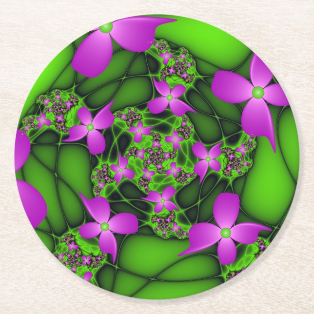 Modern Abstract Neon Pink Green Fractal Flowers Round Paper Coaster (Front)