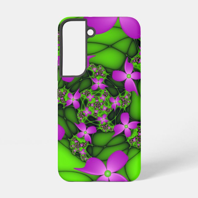 Modern Abstract Neon Pink Green Fractal Flowers Samsung Galaxy S22 Case (Back)