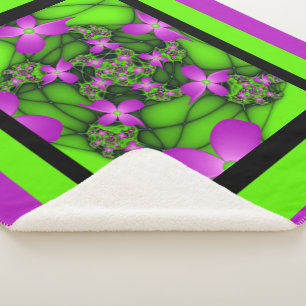 Modern Abstract Neon Pink Green Fractal Flowers Sherpa Blanket