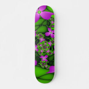 Modern Abstract Neon Pink Green Fractal Flowers Skateboard