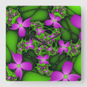 Modern Abstract Neon Pink Green Fractal Flowers Square Wall Clock