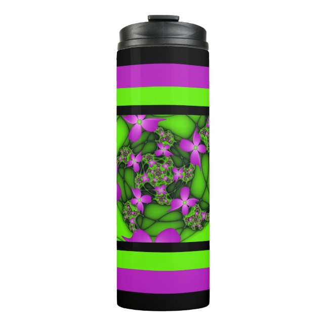 Modern Abstract Neon Pink Green Fractal Flowers Thermal Tumbler (Front)