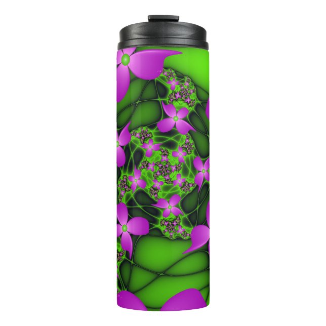 Modern Abstract Neon Pink Green Fractal Flowers Thermal Tumbler (Front)