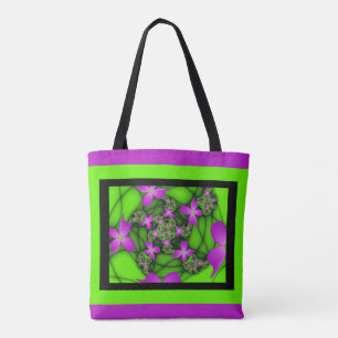 Modern Abstract Neon Pink Green Fractal Flowers Tote Bag