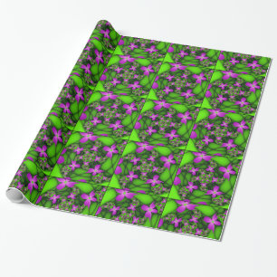 Modern Abstract Neon Pink Green Fractal Flowers Wrapping Paper