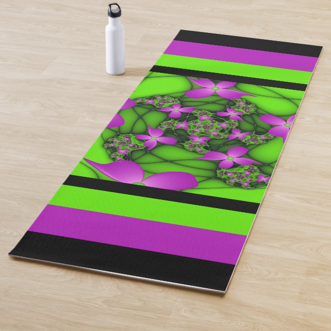 Modern Abstract Neon Pink Green Fractal Flowers Yoga Mat (In Situ)