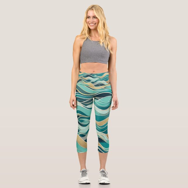 Modern Abstract Ocean Turquoise Nautical Sea Wave Capri Leggings (Front)