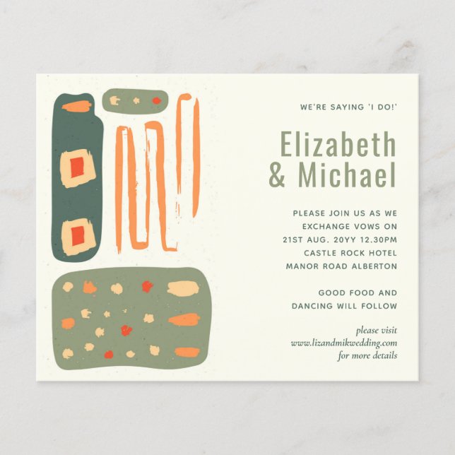 Modern Abstract Olive Green Orange Wedding Invites (Front)