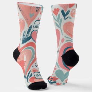 Modern abstract orange teal floral heart monogram socks
