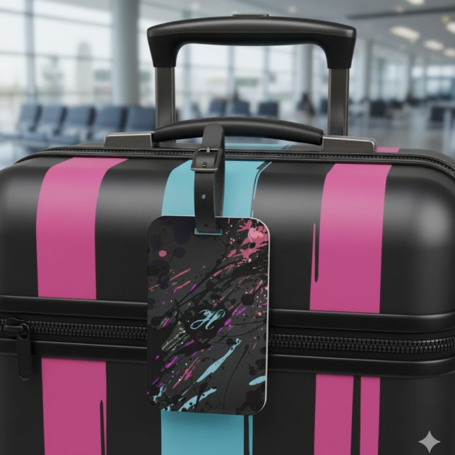 Modern Abstract Paint Splatter Monogram Name Luggage Tag (Creator Uploaded)
