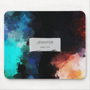Modern Abstract Paint Splatters Black Orange Blue Mouse Mat