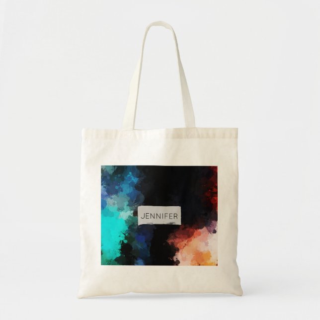 Modern Abstract Paint Splatters Black Orange Blue Tote Bag (Front)