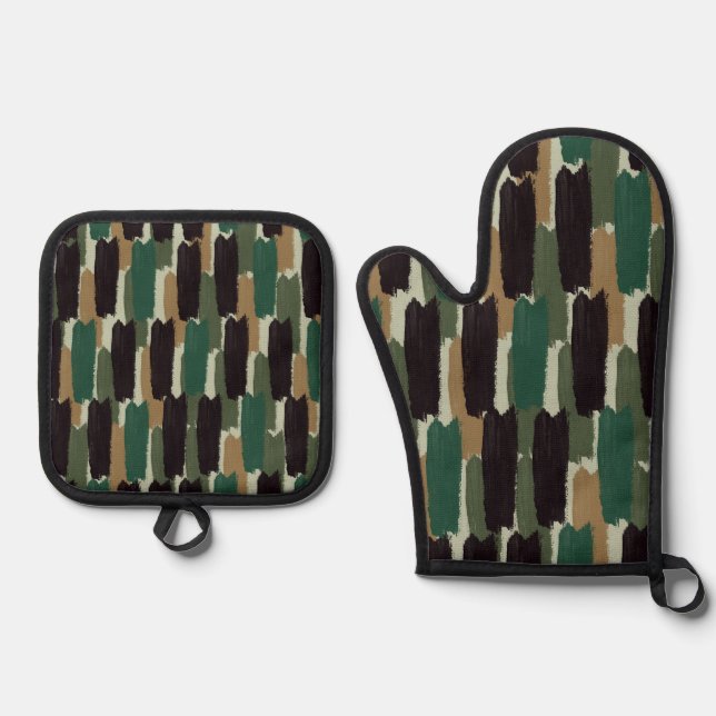 Modern Abstract Painted Stripe Earthy Tone Oven Mitt & Pot Holder Set (Front)
