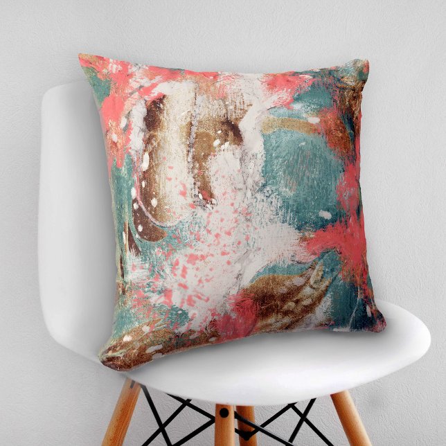 Modern Abstract Painting Coral Teal Gold White Cushion (Creator Uploaded)