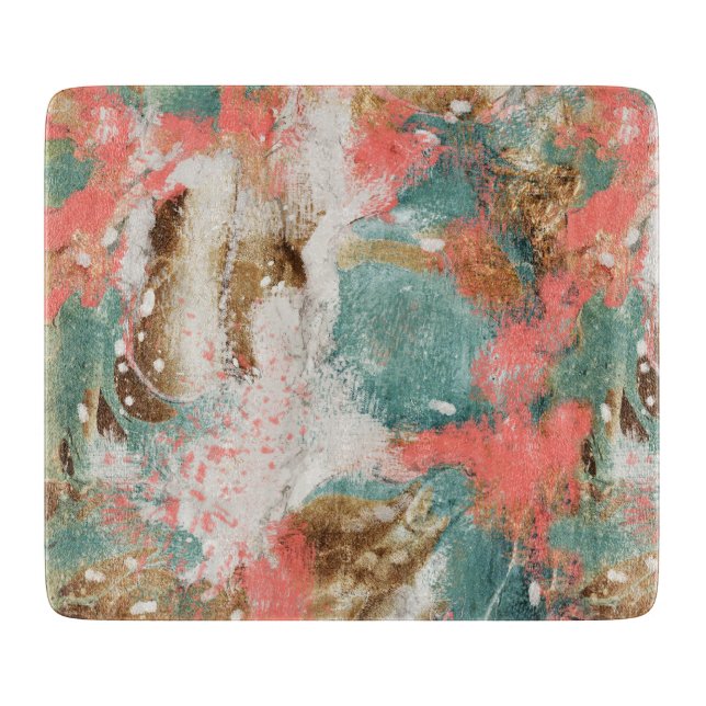 Modern Abstract Painting Coral Teal Gold White Cutting Board (Front)