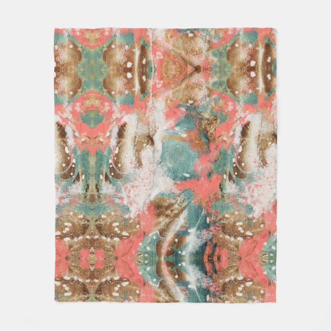 Modern Abstract Painting Coral Teal Gold White Fleece Blanket (Front)