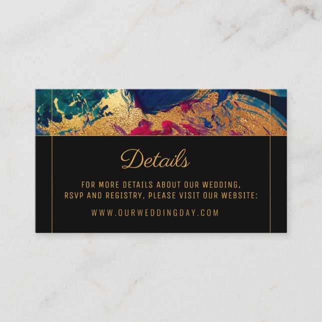 Modern abstract painting gold script dark wedding enclosure card (Front)