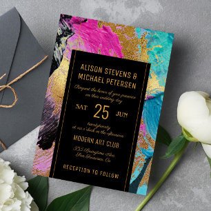 Modern abstract painting gold script dark wedding invitation