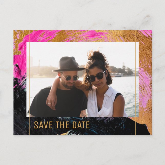 Modern abstract painting gold script photo wedding announcement postcard (Front)