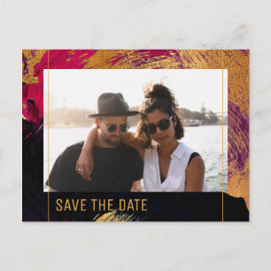 Modern abstract painting gold script photo wedding announcement postcard