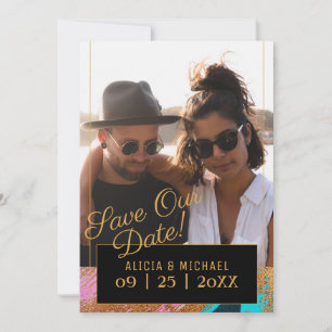 Modern abstract painting gold script photo wedding save the date