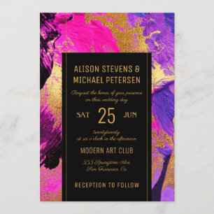 Modern abstract painting gold script pink wedding invitation