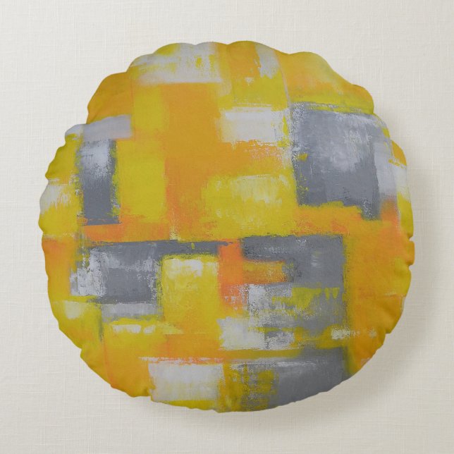 modern abstract painting grey yellow white round cushion (Front)