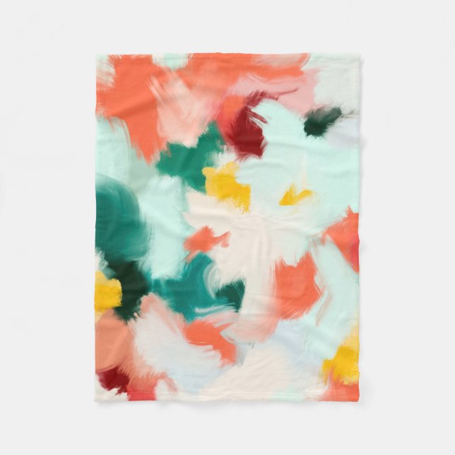 Modern abstract painting teal, yellow, cream green fleece blanket (Front)