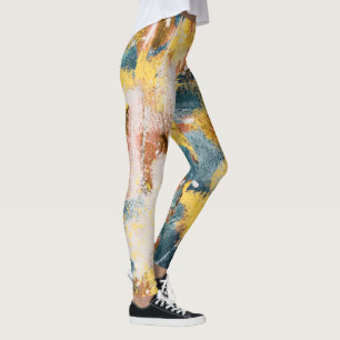 Modern Abstract Painting Yellow Teal Gold White Leggings
