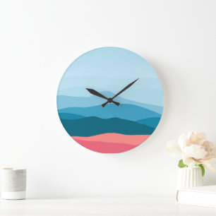 Modern Abstract Pastel Blue Pink Mountains Large Clock