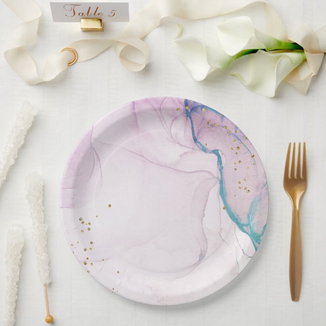 Modern Abstract Pastel Purple Blue Teal Watercolor Paper Plate (Wedding)