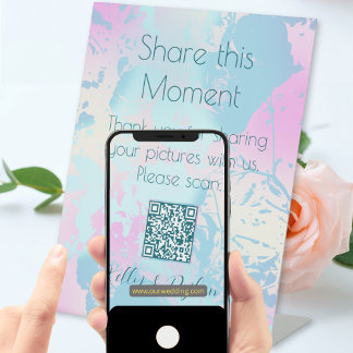 Modern Abstract Pastel Wedding Photo Share QR Code Pedestal Sign