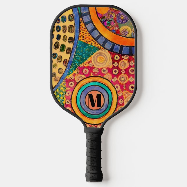 Modern Abstract Patchwork Pattern Monogram Pickleball Paddle (Front)