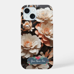 Modern Abstract Peach Flowers on Black Background iPhone 15 Case