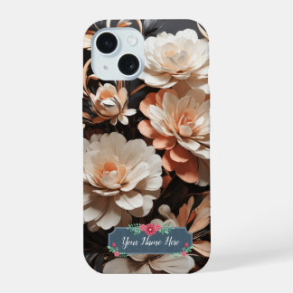 Modern Abstract Peach Flowers on Black Background iPhone 15 Case